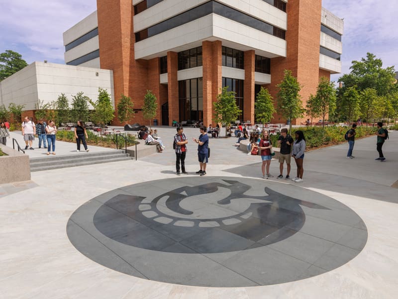 Students and visitors walking and socializing on Trojan Way.